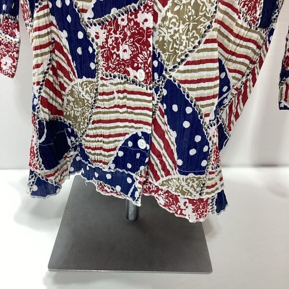 CJ Banks Colorful Patterned Blouse Crinkled Button Front Collar 1X Mid Sleeve - Picture 10 of 14